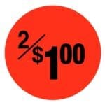 2 for $1.00 Sticker Pricing Label. Red label with black print