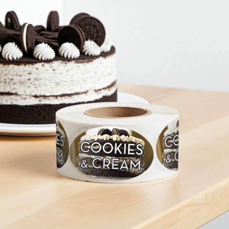 590947-Cookies-and-Cream-Label-Bakery-Flavor-Stickers Cookies and Cream Label Bakery Flavor Stickers on a roll of 500 labels