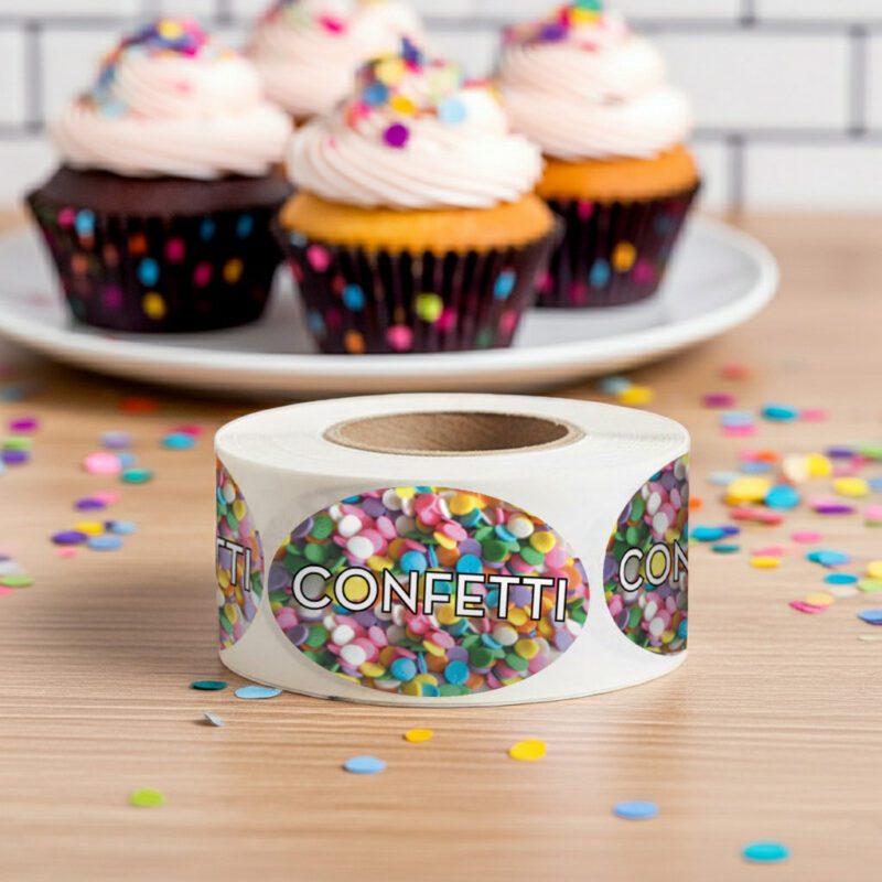 590951-Confetti-Label-Bakery-Flavor-Stickers Confetti Label Bakery Flavor Stickers on a roll of 500 labels