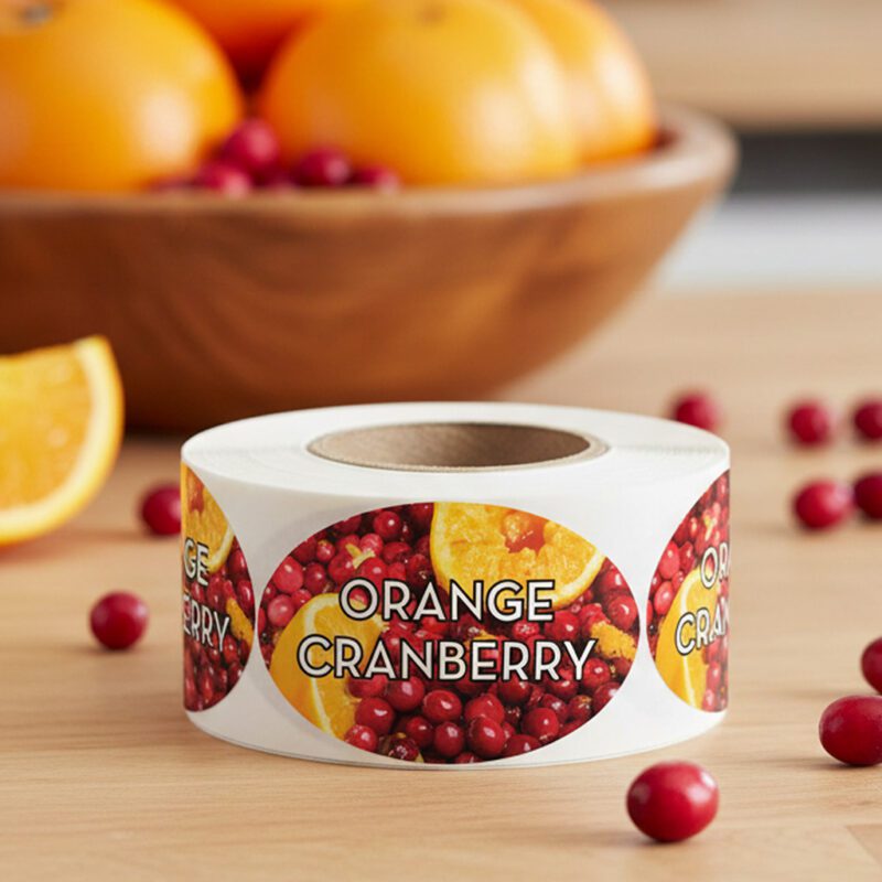 590953-Orange-Cranberry-Label-Bakery-Flavor-Stickers Orange Cranberry flavor Labels on a roll of 500 stickers
