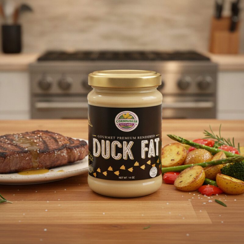 49940-Gourmet-Premium-Rendered-Duck-Fat-14oz duck fat premium rendered fat in a 14oz glass jar