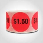 $1.50 Pricing Label Round Red Sticker with black print on roll of 500 Sticker