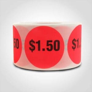 $1.50 Pricing Label Round Red Sticker with black print on roll of 500 Sticker