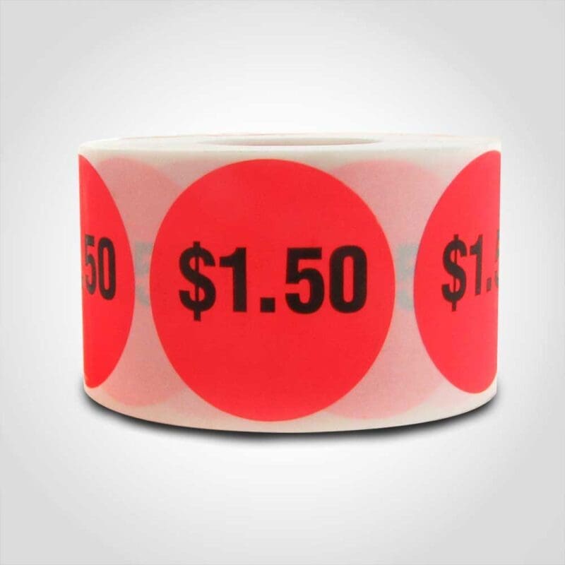$1 $1.50 Pricing Label Round Red Sticker with black print on roll of 500 Sticker