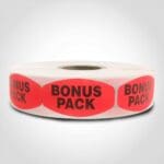 bonus pack label with red background on roll of stickers
