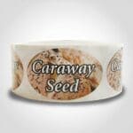 Caraway Seed Label Flavor Oval Sticker with Caraway Seeds pictured in the background with the word Caraway Seed printed on top on roll of stickers