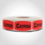 catfish label with red background on roll of stickers