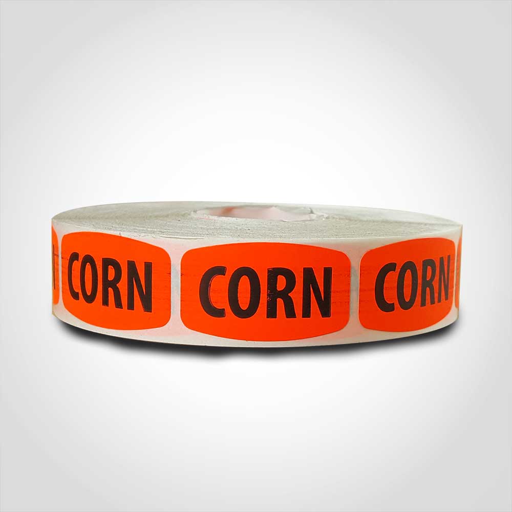 corn label with red background on roll of stickers
