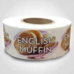 English Muffin Label Flavor Oval Sticker with English Muffins pictured in the background with the word English Muffin printed on top on roll of stickers