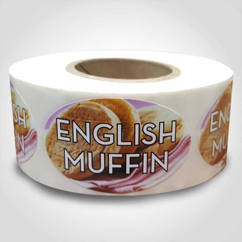English Muffin Label Flavor Oval Sticker with English Muffins pictured in the background with the word English Muffin printed on top on roll of stickers