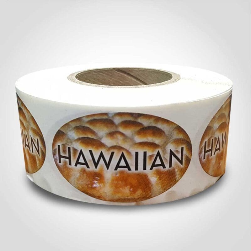 Hawaiian Bread Label Flavor Oval Sticker with Hawaiian Bread pictured in the background with the word Hawaiian printed on top on roll of stickers