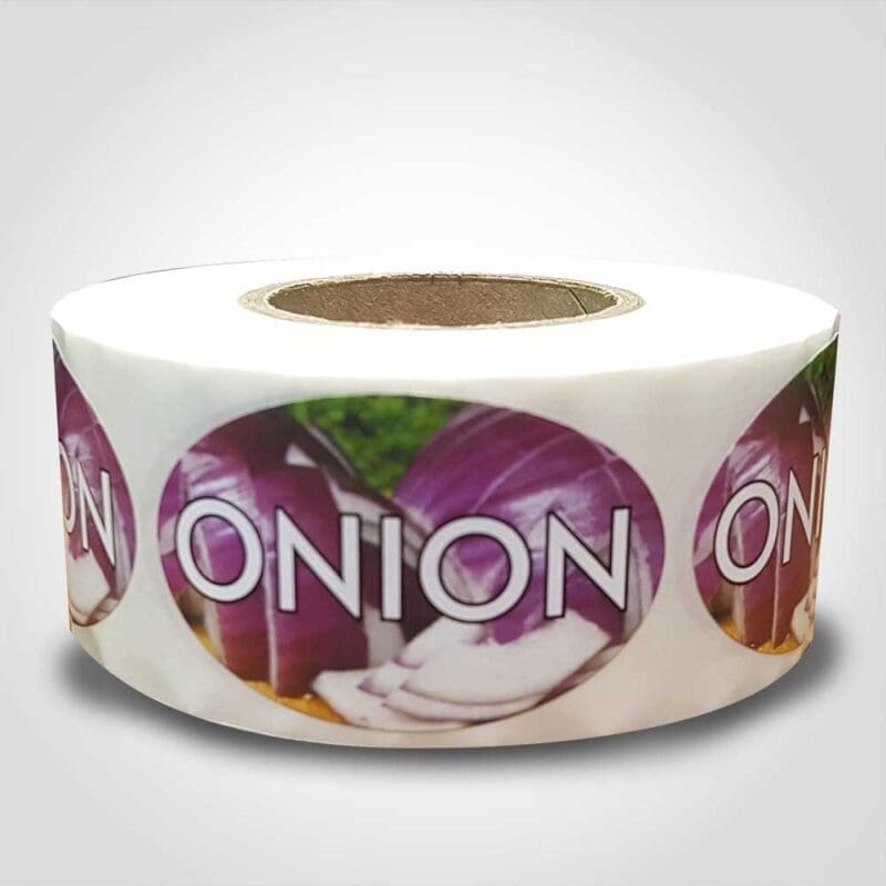 Onion Label – 1 roll of 500 (560093) 1 Onion Bread Label Flavor Oval Sticker with Onions pictured in the background with the word Onion printed on top on roll of stickers