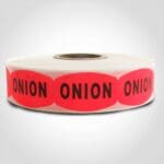 onion label with red background on roll of stickers