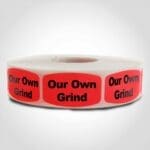 Our Own Grind Label red sticker with black print