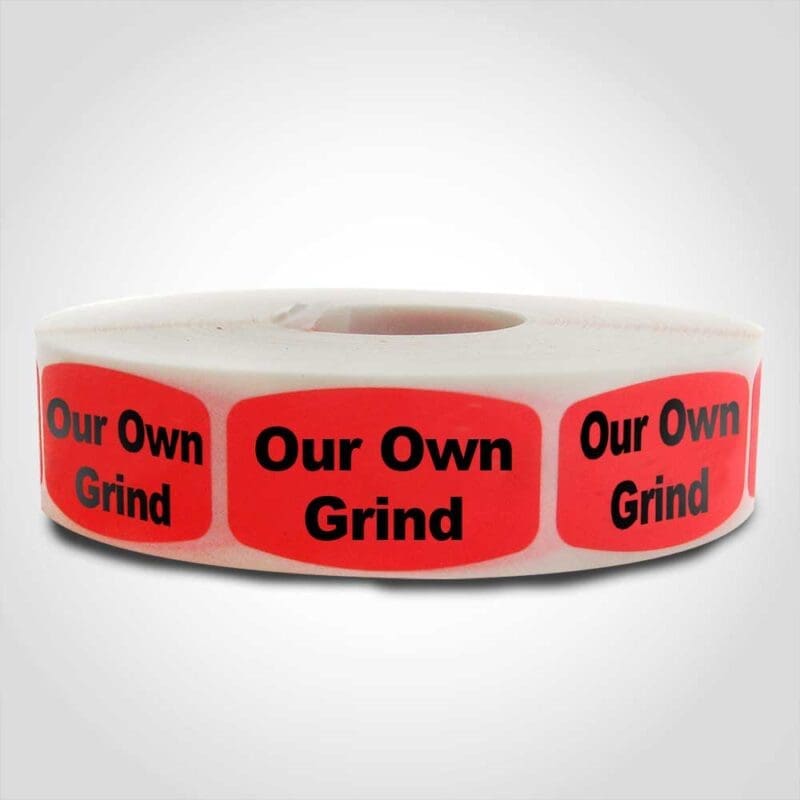 Our Own Grind Label red sticker with black print