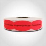 pepperoni sausage pizza label with red background on roll of stickers