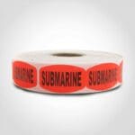 submarine sandwich label with red background on roll of stickers