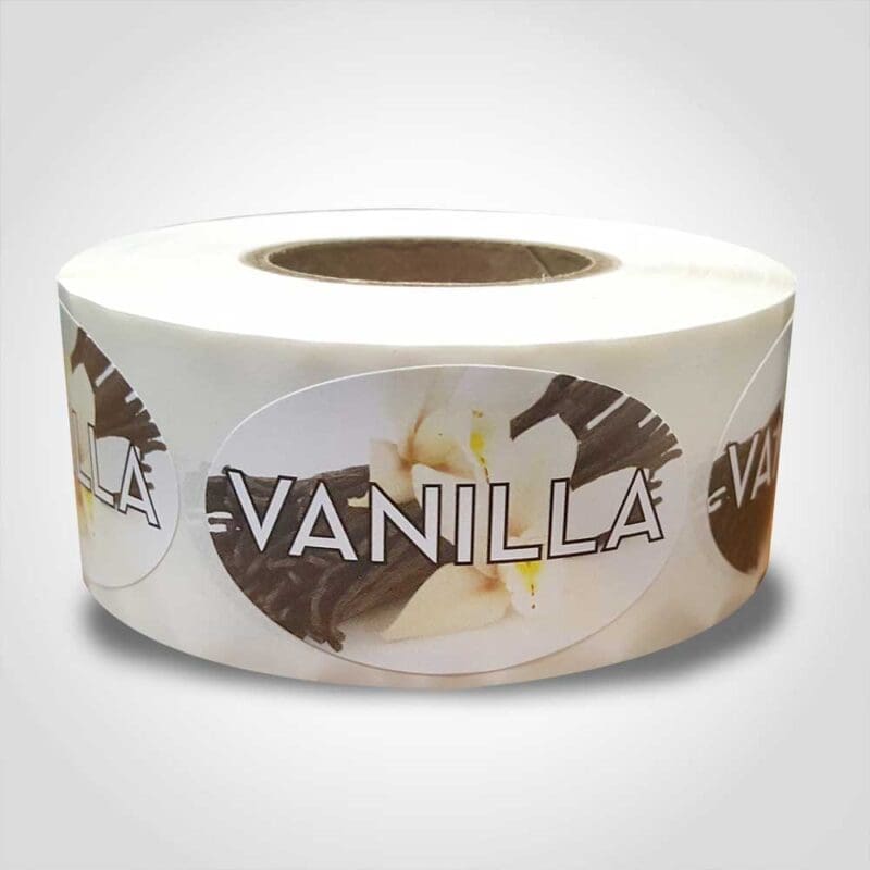 Vanilla Label – 1 roll of 500 (560086) 1 Vanilla Label Flavor Oval Sticker with Vanilla pictured in the background with the word Vanilla printed on top on roll of stickers