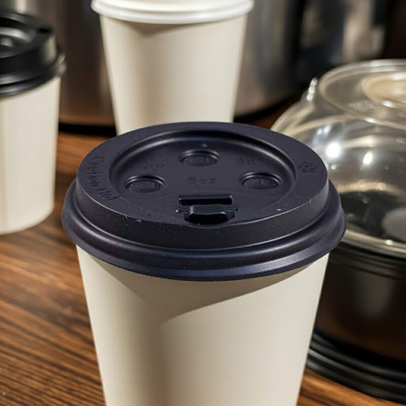 261085 8oz Black Hot Cup Lids on cup 8oz Black Hot Cup Lids on cup