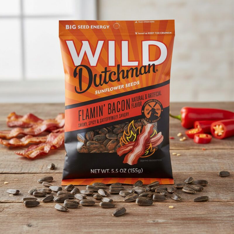 Wild Dutchman Flamin Bacon Flavor Sunflower Seeds 5.5 oz. bag 12 Pack
