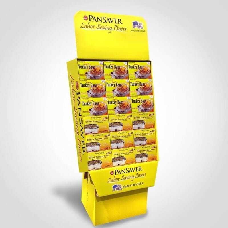 350267 Pansaver Merchandising Display in a bright yellow with 45 boxes on Turkey Oven Bags and 45 boxes of Electric Roaster Liners