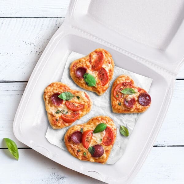 9 inch XPS Foam Container with Removable Lid open with mini heart shaped pizzas showing