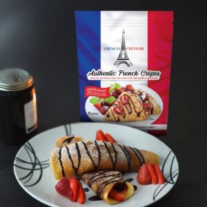 Authentic French Crêpe Mix showing crepes on a plate and bag of mix