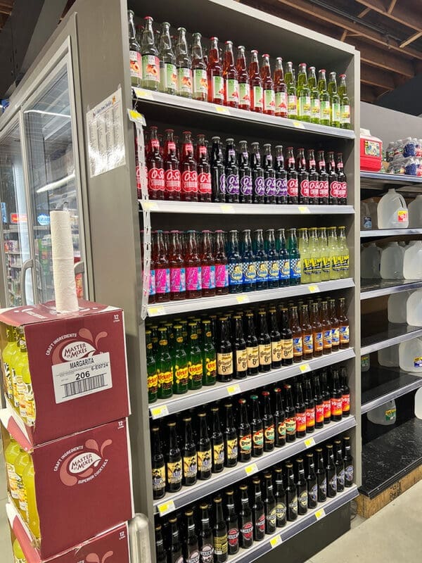 Nostalgic sodas in store aisle from side