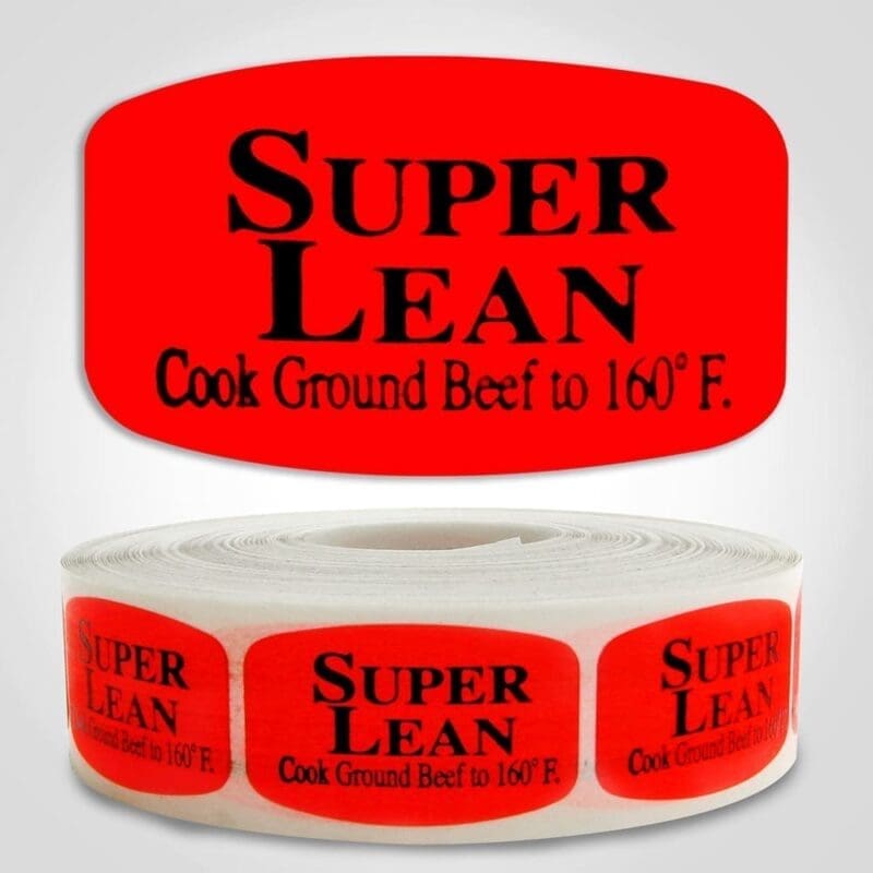 Super Lean Ground Beef Label with Cooking Instruction Dayglo Sticker on a roll of 1000 labels