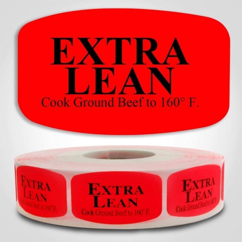 500202-1 Extra Lean Ground Beef Label with Cooking Instructions Dayglo Sticker on a roll of 1000 labels