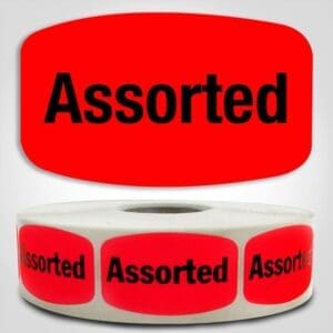 Assorted Label Dayglo Sticker on a roll of 1000 labels, Reads Assorted in Black on Read Sticker
