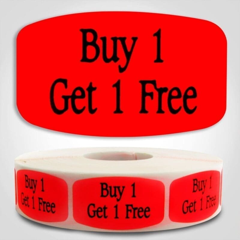 Buy 1 Get 1 Free Label Dayglo Sticker on a roll of 1000 labels, reads Buy 1 get 1 free
