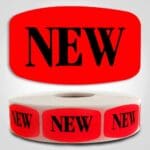 New Label Dayglo Sticker on a roll of 1000 labels, reads NEW in black print on read background
