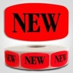 New Label Dayglo Sticker on a roll of 1000 labels, reads NEW in black print on read background