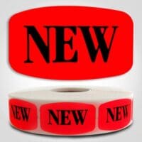 New Label Dayglo Sticker on a roll of 1000 labels, reads NEW in black print on read background