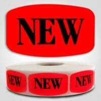 New Label Dayglo Sticker on a roll of 1000 labels, reads NEW in black print on read background