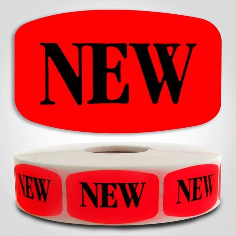 New Label Dayglo Sticker on a roll of 1000 labels, reads NEW in black print on read background