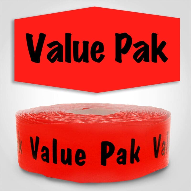 Value Pack Label Dayglo Sticker on a roll of 1000 labels, reads Value Pak in Black on a red background