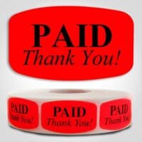 Paid Thank You Label Dayglo Sticker on a roll of 1000 labels, reads PAID Thank you in black on red sticker