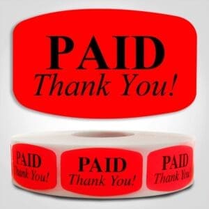 Paid Thank You Label Dayglo Sticker on a roll of 1000 labels, reads PAID Thank you in black on red sticker