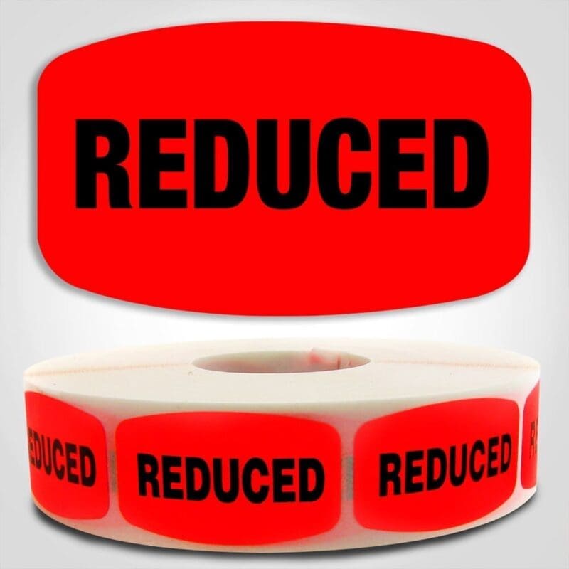Reduced Label Dayglo Sticker on a roll of 1000 labels, read reduced in black on red sticker
