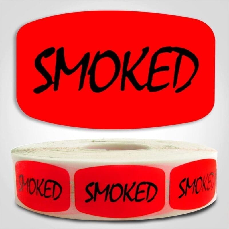 Smoked Label Dayglo Sticker on a roll of 1000 labels, reads Smoked