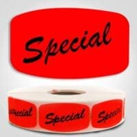 Special Label Red Dayglo Sticker on a roll of 1000 labels, reads Special in cursive black print on red label