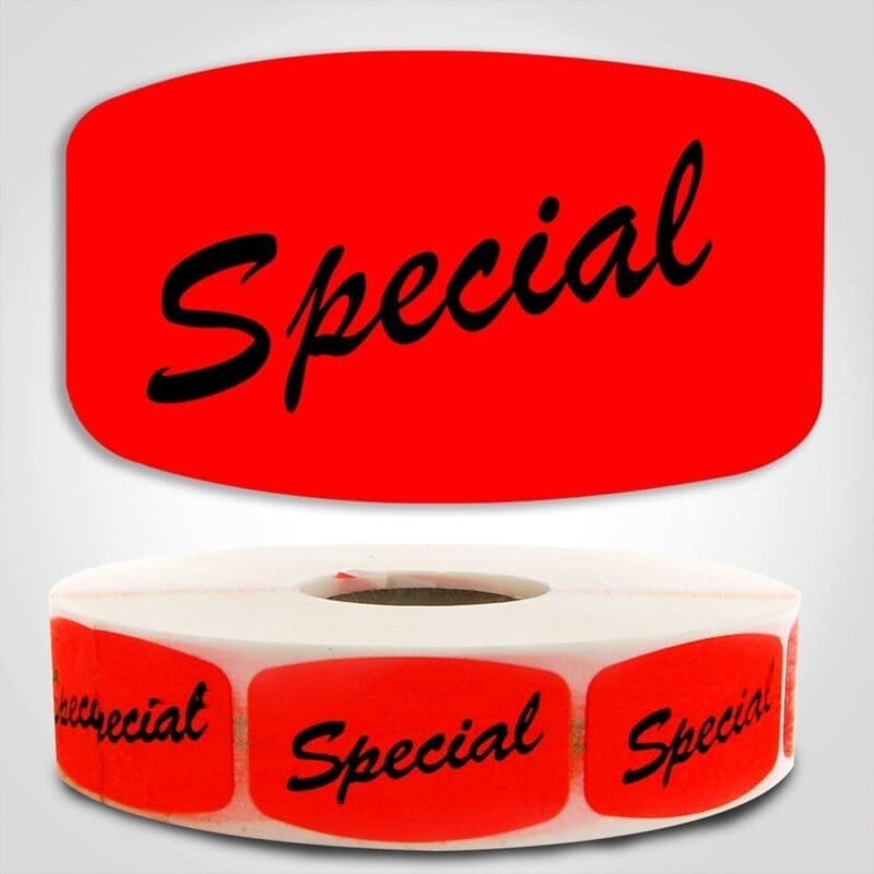 Special Label Red Dayglo Sticker on a roll of 1000 labels, reads Special in cursive black print on red label