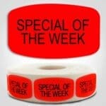 Special of the week Label Red Dayglo Sticker on a roll of 1000 labels, reads Special special of the week in black print on red label