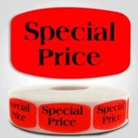 Special Price Label Red Dayglo Sticker on a roll of 1000 labels, reads Special Price in black print on red label