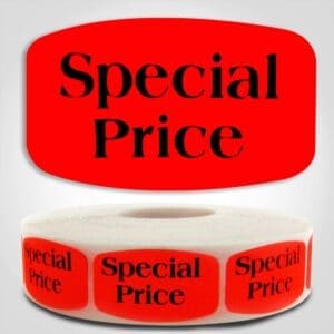 Special Price Label Red Dayglo Sticker on a roll of 1000 labels, reads Special Price in black print on red label