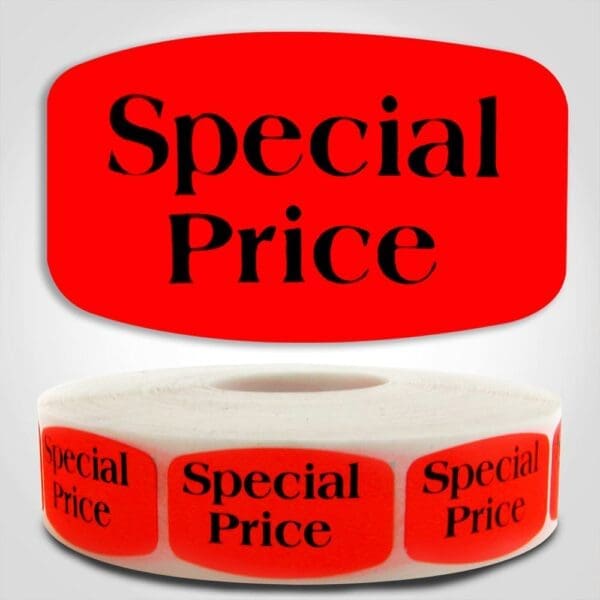 Special Price Label Red Dayglo Sticker on a roll of 1000 labels, reads Special Price in black print on red label