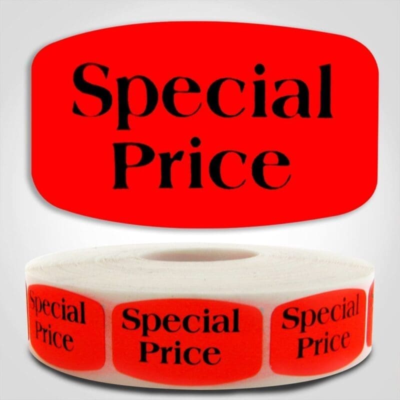510090-1 Special Price Label Red Dayglo Sticker on a roll of 1000 labels, reads Special Price in black print on red label