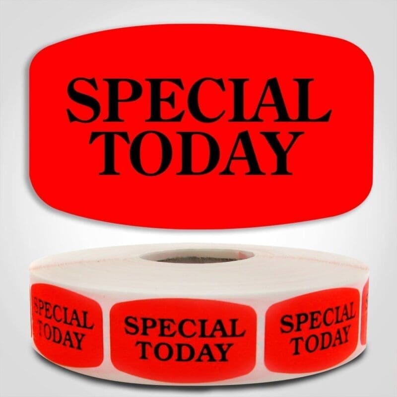 Special Today Label Red Dayglo Sticker on a roll of 1000 labels, reads Special Today in black print on red label